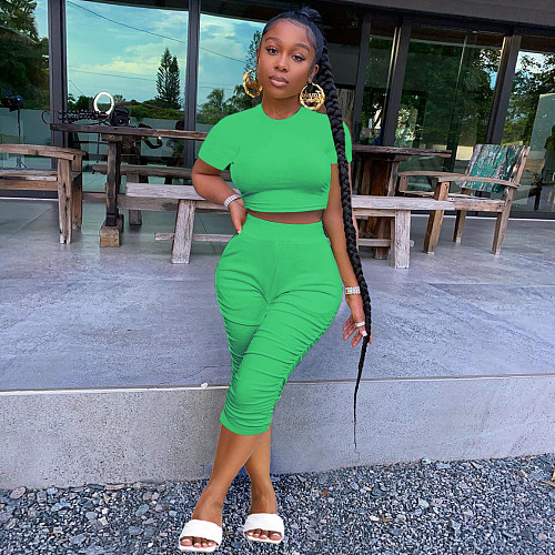 Short Sleeve Crop Top Ruched Calf-Length Pants Suit JLY-19402