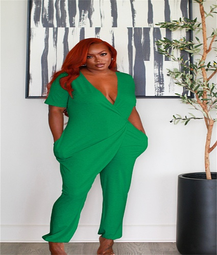 Loose Short Sleeve V Neck Casual Jumpsuit ZAND-31221
