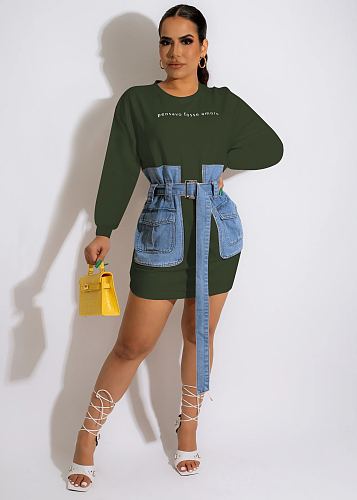 Long Sleeve Denim Patchwork Dress with Belt MEM-88449