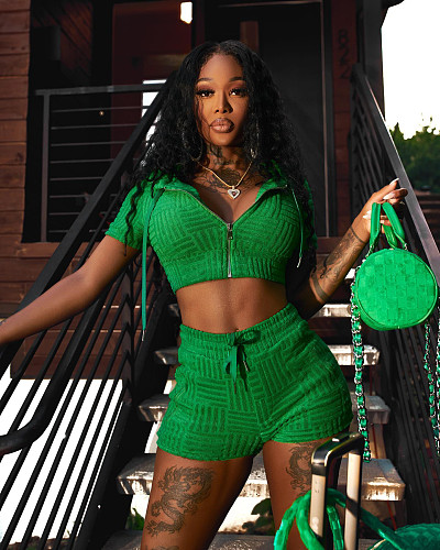 Hooded Sweatshirt Crop Tops Biker Shorts Tracksuit FNN-8685