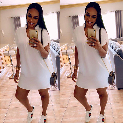 Simple Solid Color Short Sleeve Loose Pullover Dresses OLD-8619