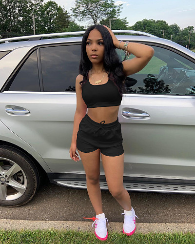 Workout Fitness Tank Crop Tops Casual Shorts Suit FSL-154