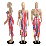 Tie Dye Print Halter Backless Bandage Sexy Dresses YB-60173