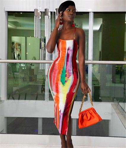 Tie Dye Print Halter Backless Bandage Sexy Dresses YB-60173