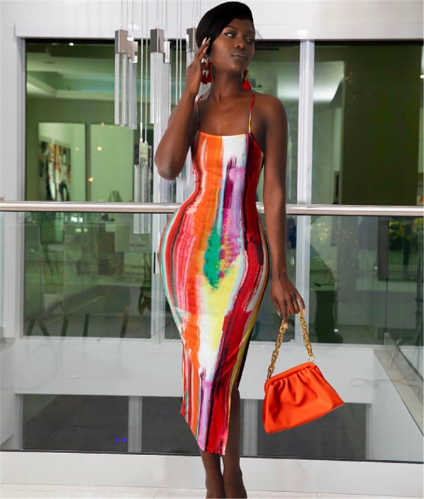 Tie Dye Print Halter Backless Bandage Sexy Dresses YB-60173