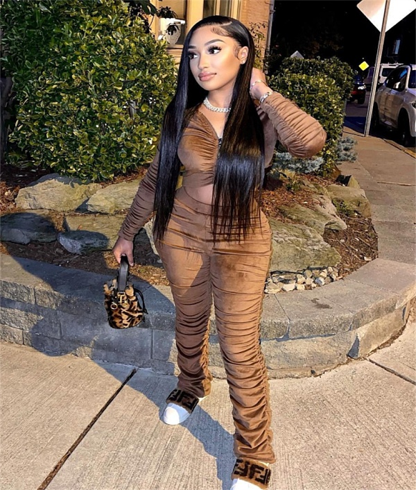 Velvet Zipper Hooded Jacket and Ruched Pants Set FE-194