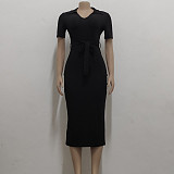 Solid V Neck Knitted Short Sleeve Casual Dresses JX-5478