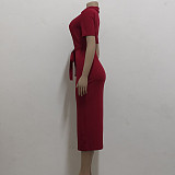 Solid V Neck Knitted Short Sleeve Casual Dresses JX-5478