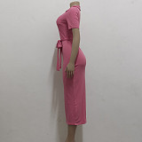 Solid V Neck Knitted Short Sleeve Casual Dresses JX-5478