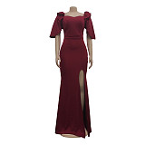 Ruffle Short Sleeve Side Split Floor Length Elegant Dress JX-5476