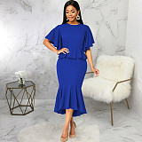 Elegant Office Lady Ruffles O Neck Maxi Dresses JX-5477