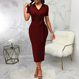 Solid V Neck Knitted Short Sleeve Casual Dresses JX-5478