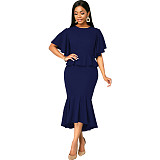 Elegant Office Lady Ruffles O Neck Maxi Dresses JX-5477