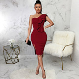 Sexy One Shoulder Ruffle Sleeveless Elegant Dress JX-5458
