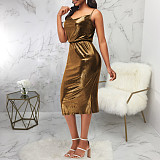 Bronzing Spaghetti Strap Midi Length Nightclub Dresses JX-5416
