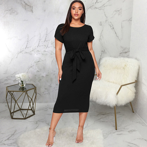 Simple Short Sleeve O Neck with Sashes Basic Dresses JX-5510