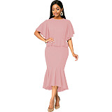 Elegant Office Lady Ruffles O Neck Maxi Dresses JX-5477