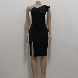 Sexy One Shoulder Ruffle Sleeveless Elegant Dress JX-5458