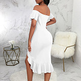 Off Shoulder irregular Ruffle Hem Elegant Dresses JX-5479