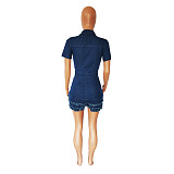 Turn Down Collar Short Sleeve Tassel Denim Rompers LX-6939