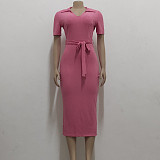 Solid V Neck Knitted Short Sleeve Casual Dresses JX-5478