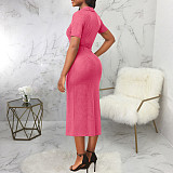 Solid V Neck Knitted Short Sleeve Casual Dresses JX-5478