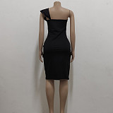 Sexy One Shoulder Ruffle Sleeveless Elegant Dress JX-5458