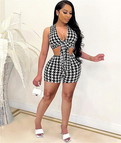 2021 Summer Women's Plaid Sleeveless Crop Tops Streachy Elastic Shorts Skinny Two Piece Set WSY-5866