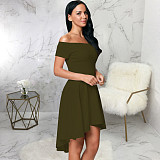 Off Shoulder Short Sleeve Irregular Ruffle Hem Dresses JX-5497