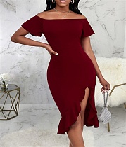 Off Shoulder irregular Ruffle Hem Elegant Dresses JX-5479