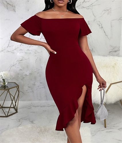 Off Shoulder irregular Ruffle Hem Elegant Dresses JX-5479