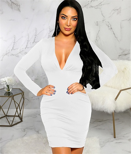 Elegant Long Sleeve Deep V Neck Ruched Dresses JX-5509