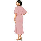 Elegant Office Lady Ruffles O Neck Maxi Dresses JX-5477