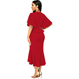 Elegant Office Lady Ruffles O Neck Maxi Dresses JX-5477