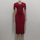 Solid V Neck Knitted Short Sleeve Casual Dresses JX-5478