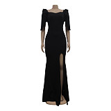 Ruffle Short Sleeve Side Split Floor Length Elegant Dress JX-5476