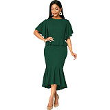 Elegant Office Lady Ruffles O Neck Maxi Dresses JX-5477