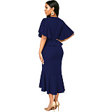 Elegant Office Lady Ruffles O Neck Maxi Dresses JX-5477