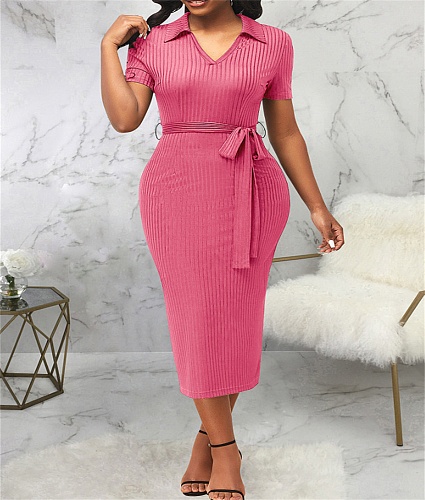 Solid V Neck Knitted Short Sleeve Casual Dresses JX-5478