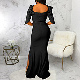 Ruffle Short Sleeve Side Split Floor Length Elegant Dress JX-5476