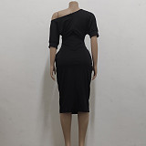 Slant Shoulder Short Sleeve with Sashes Pencil Dresses JX-5474