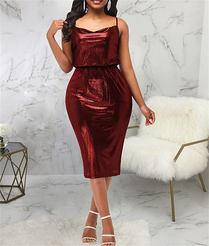 Bronzing Spaghetti Strap Midi Length Nightclub Dresses JX-5416