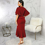 Elegant Office Lady Ruffles O Neck Maxi Dresses JX-5477