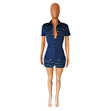 Turn Down Collar Short Sleeve Tassel Denim Rompers LX-6939