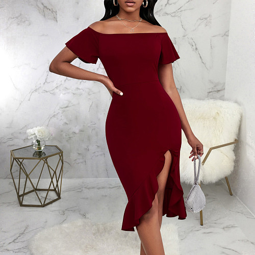 Off Shoulder irregular Ruffle Hem Elegant Dresses JX-5479