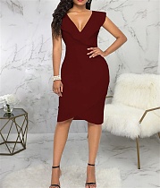 Solid V Neck Sleeveless Bodycon Pencil Dresses JX-5469