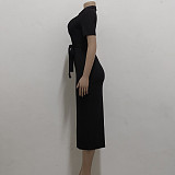 Solid V Neck Knitted Short Sleeve Casual Dresses JX-5478