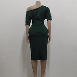 Slant Shoulder Short Sleeve with Sashes Pencil Dresses JX-5474