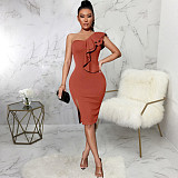Sexy One Shoulder Ruffle Sleeveless Elegant Dress JX-5458