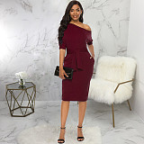 Slant Shoulder Short Sleeve with Sashes Pencil Dresses JX-5474